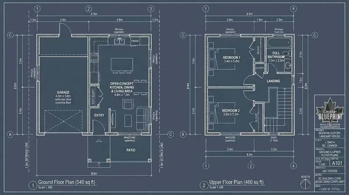 1000 sq ft two story laneway house permit CAD floor plan blueprint with garage and setbacks