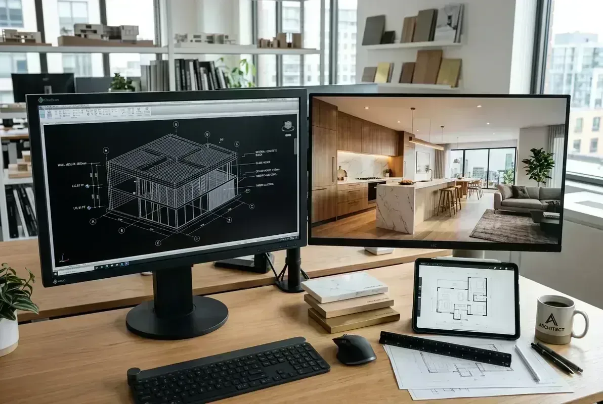 Dual-monitor CAD workstation comparing 3D BIM CAD model and 4K photorealistic rendering