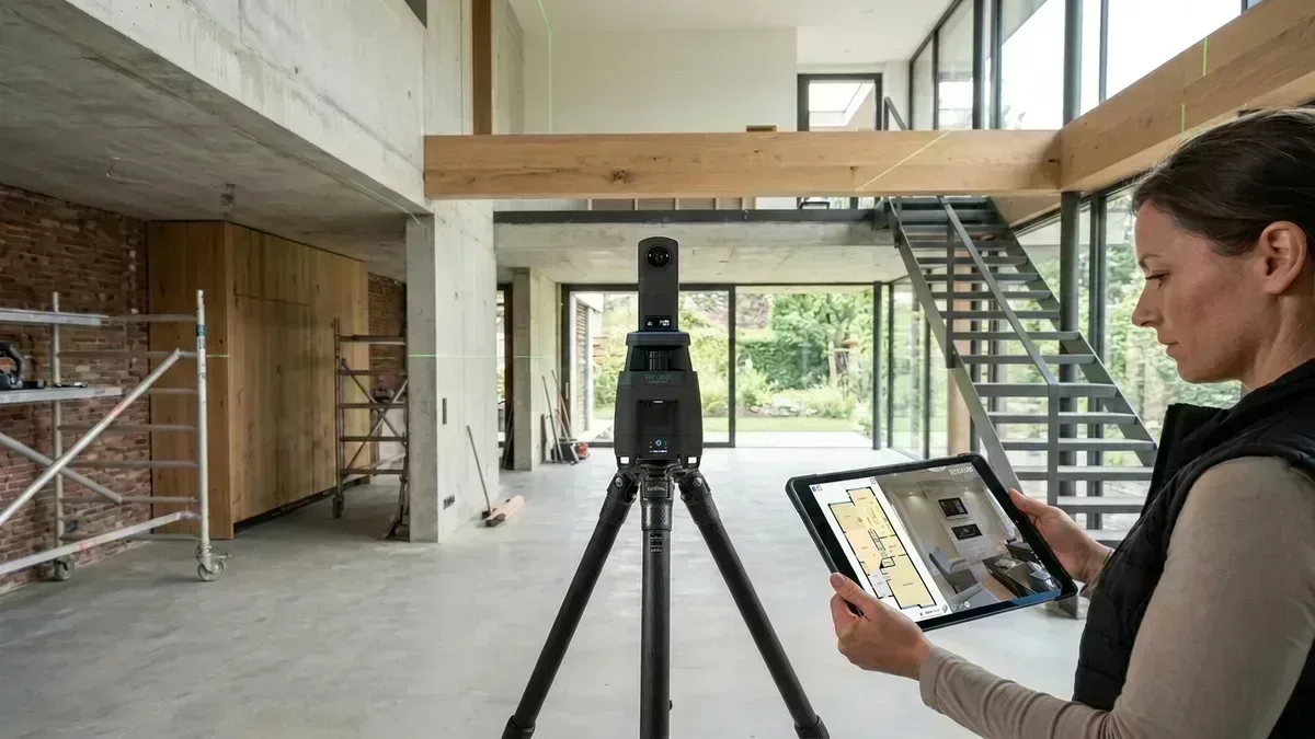 iGUIDE PLANIX Pro 3D LiDAR scanner and technician with tablet in modern BC residential interior