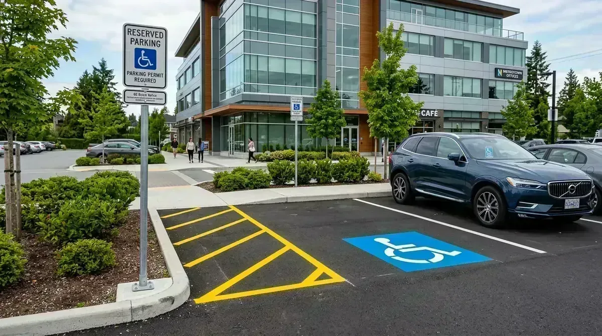 Designated accessible parking stall with blue pavement markings and barrier-free access aisle