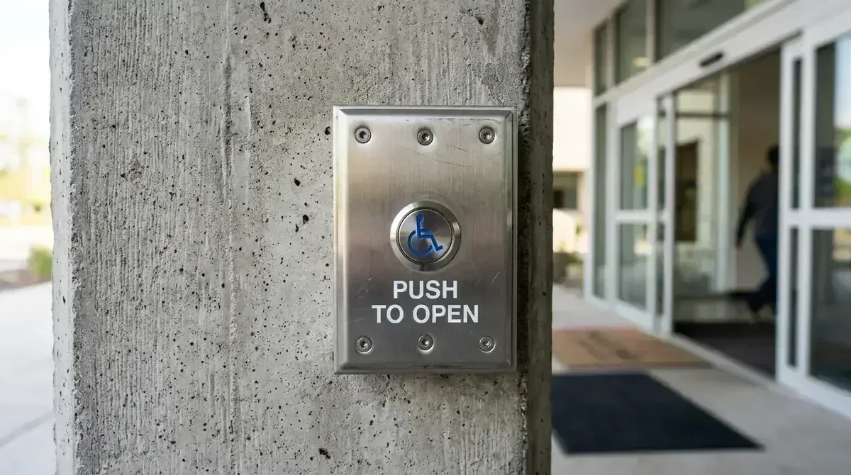 Commercial accessible automated door push plate on concrete pillar