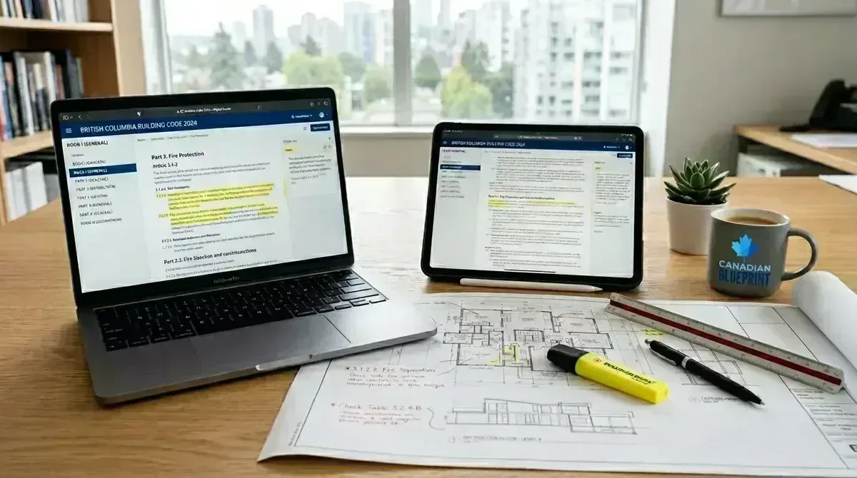 2024 BC Building Code online digital portal viewer on tablet and laptop with building permit drawings