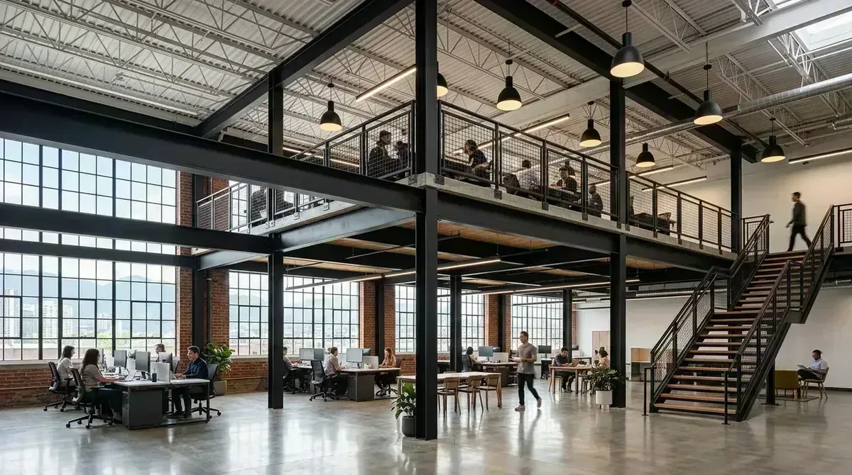 Commercial steel mezzanine framework and safety guardrails