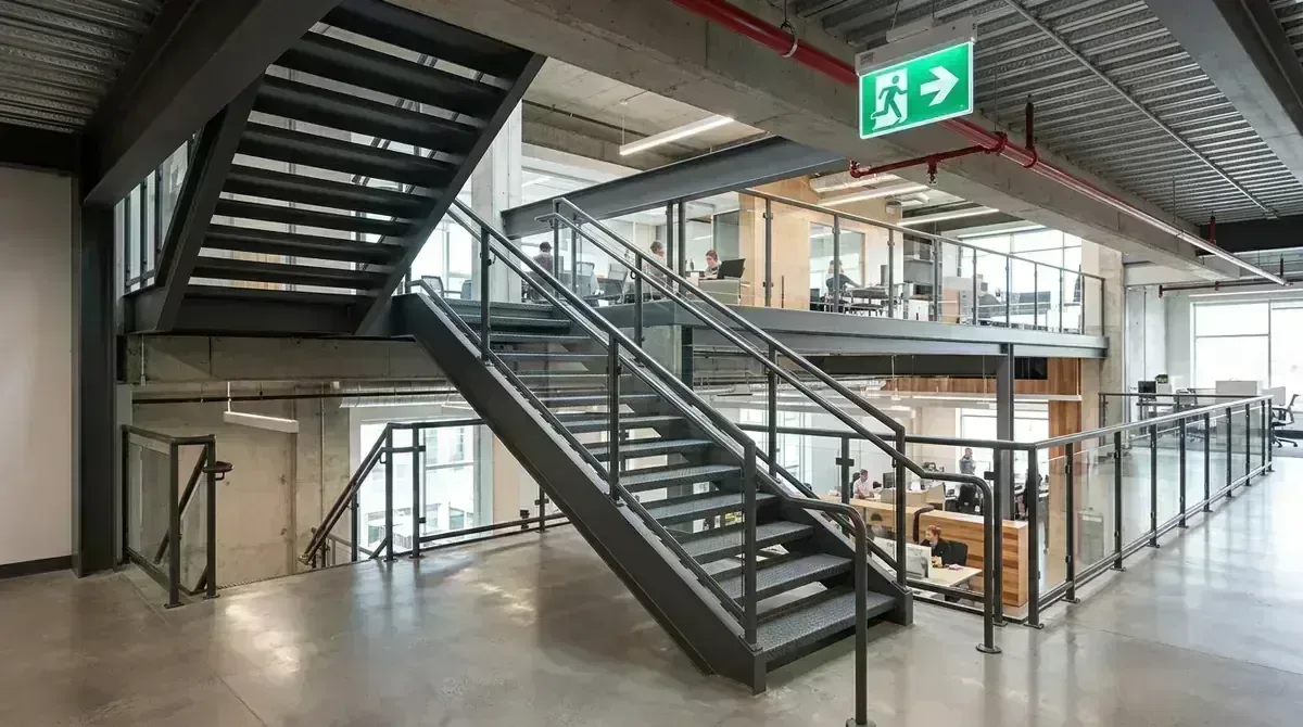 Commercial mezzanine steel stringer egress stairs and handrails