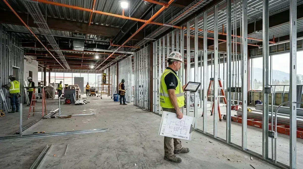Commercial base building shell space under tenant improvement construction