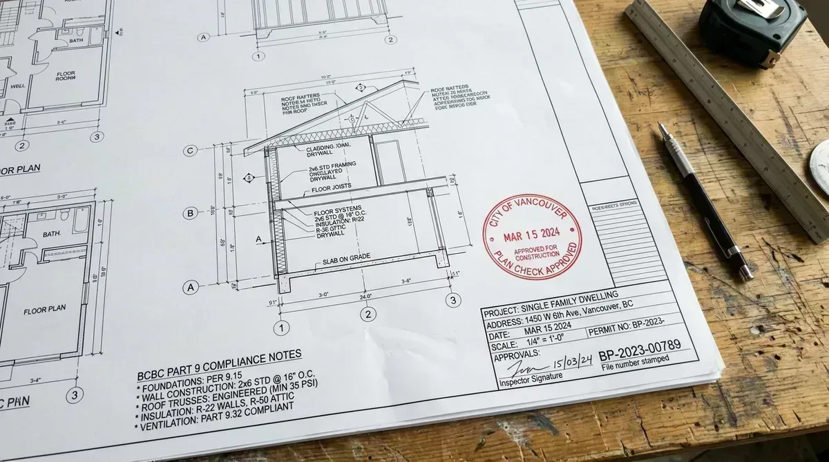 City Hall approved and stamped building permit drawings with red approval stamp and BC building code notes