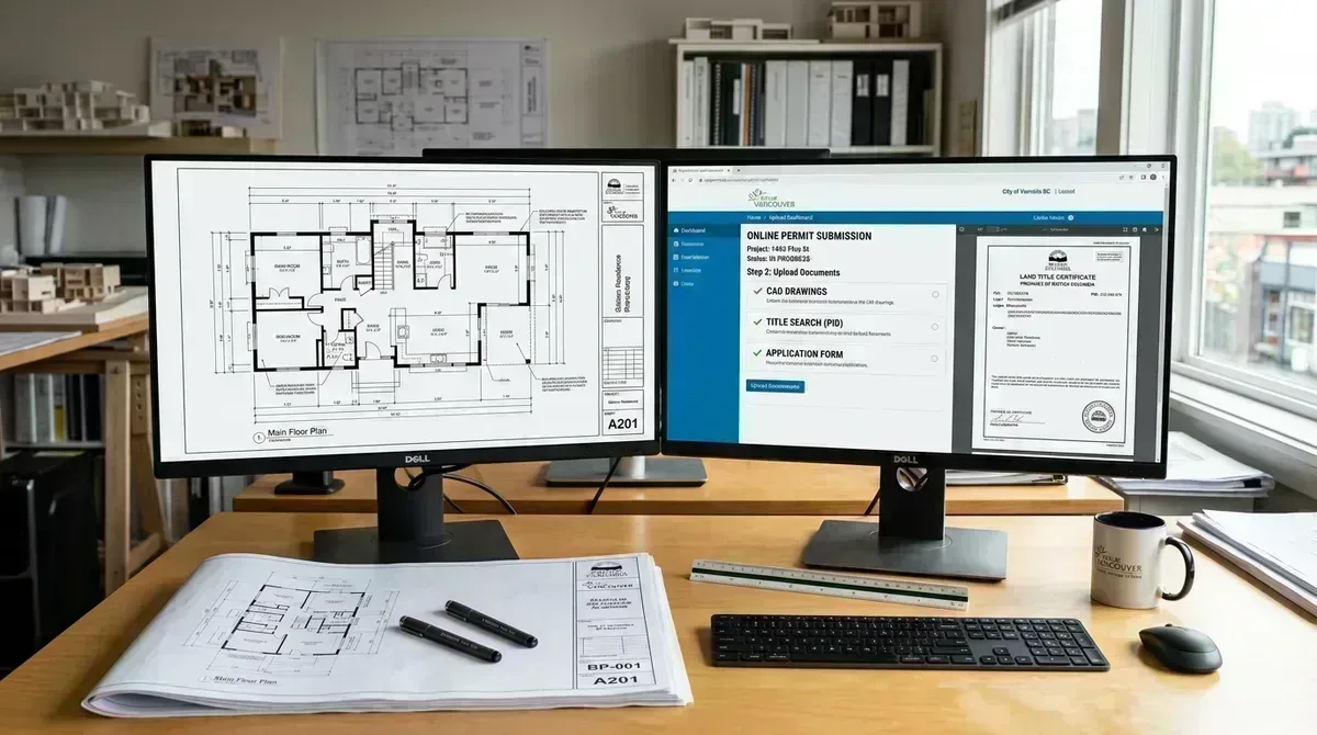 Electronic building permit application package and multi-screen CAD workstation with BC land title search