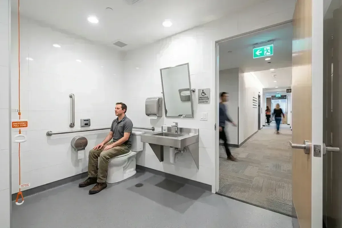 Commercial barrier-free washroom inspection and exit corridor
