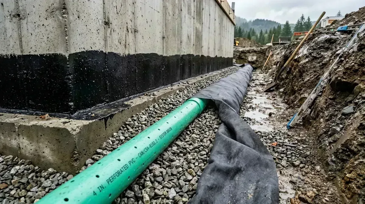 Foundation perimeter drainage system with dimpled membrane and washed crushed rock