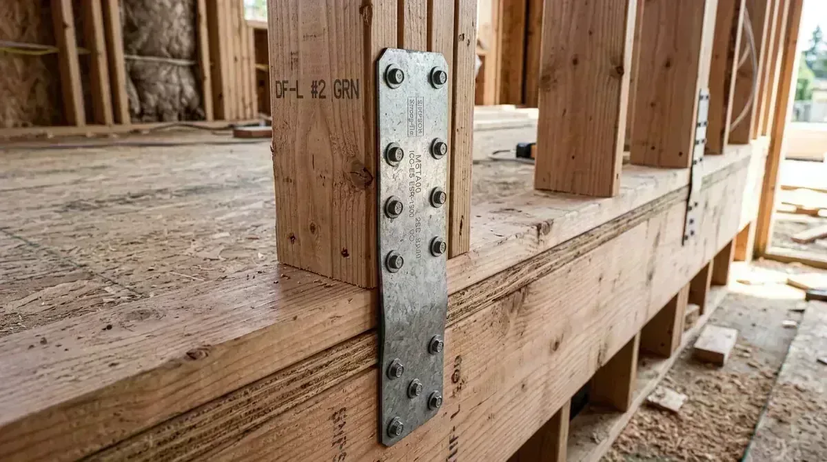 Carpenter installing galvanized seismic steel strap to wood stud framing