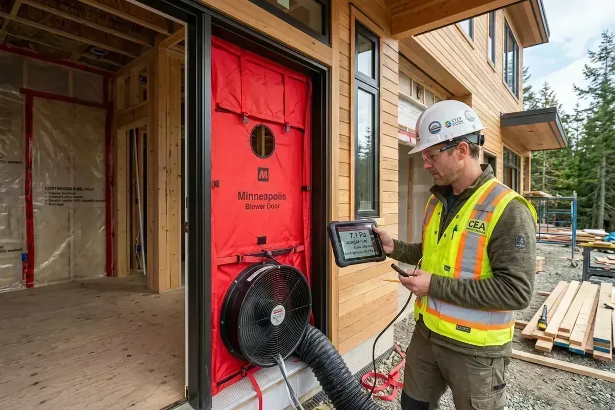 Energy advisor performing blower door airtightness test in custom home