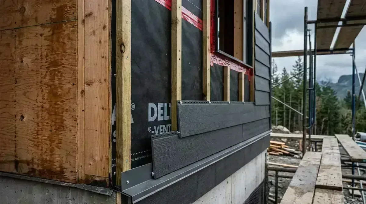 Residential rain screen building envelope system with vertical furring strapping and window flashings