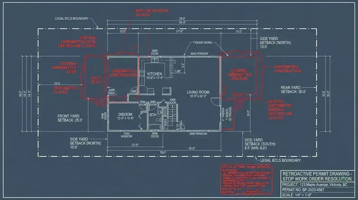 Stop Work Order architectural retroactive permit drawing with redline clouds and BCLS setbacks