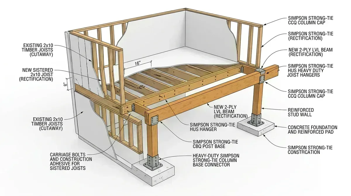 Schedule B structural framing rectification and LVL beam retrofit detail with Simpson Strong-Tie brackets