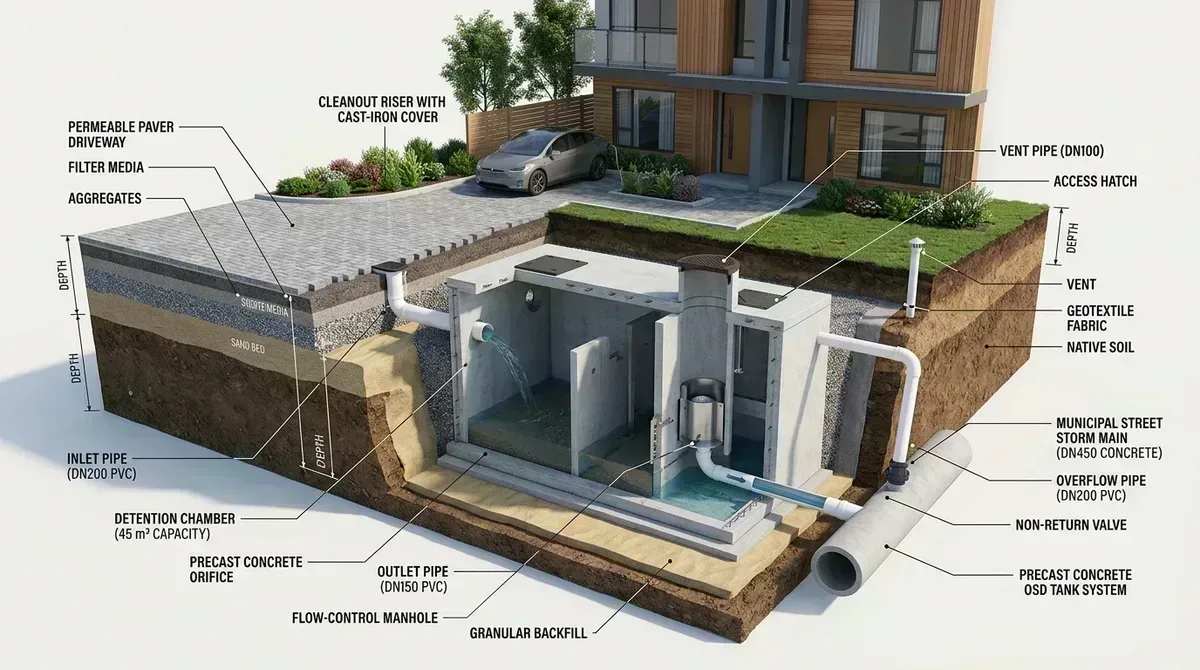 Civil engineered on-site stormwater detention OSD tank cutaway detail under multi-unit residential driveway