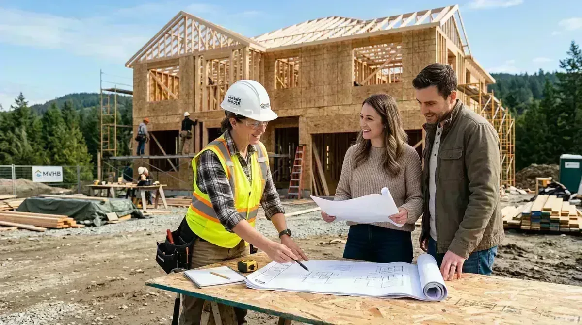 Licensed Metro Vancouver builder reviewing house blueprints with homeowners on residential framing site