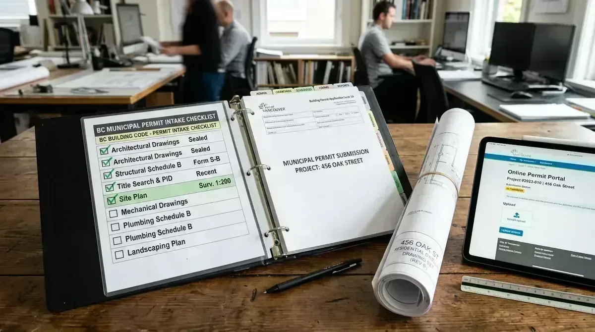 Organized municipal permit application submission binder with checklist and blueprints