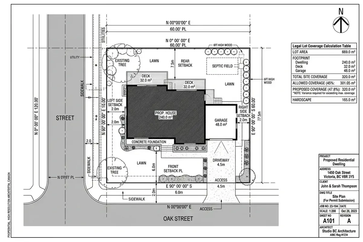 Certified municipal architectural site plan sheet for BC custom home permit