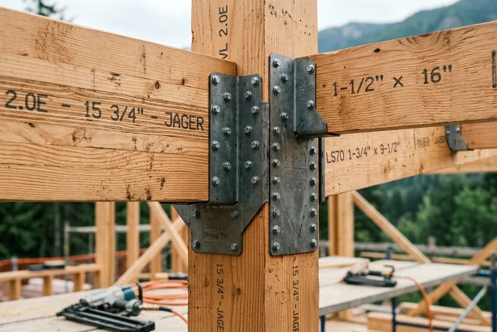Engineered wood beam installation and structural framing connections