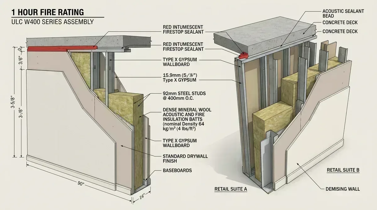 1-Hour fire rated commercial demising wall assembly cross section with mineral wool and firestop sealants