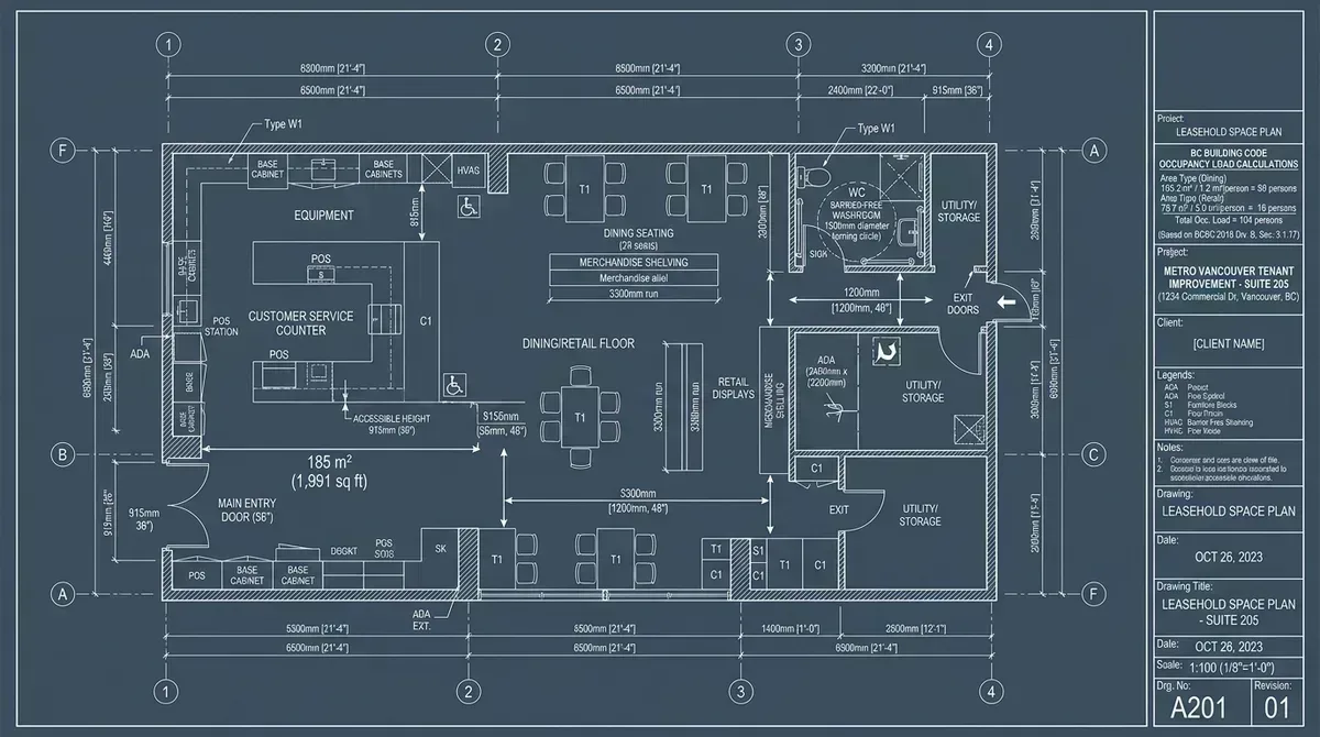Commercial TI permit blueprint space plan with occupancy load calculations and egress layout