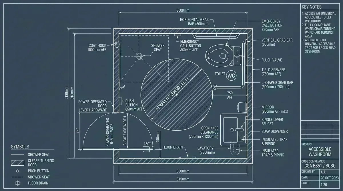 CSA B651 and BC Building Code universal accessible washroom dimensioned CAD floor plan