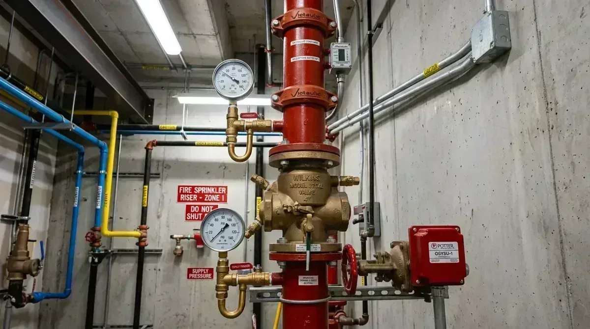 Commercial fire sprinkler riser assembly with pressure gauges and control valves