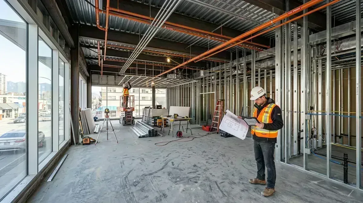 Commercial contractor reviewing blueprints in raw base building shell with steel studs