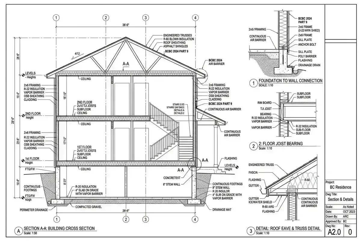 Municipal architectural cross section blueprint and assembly details sheet