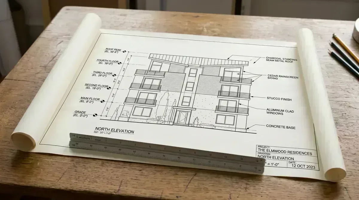building permit drawing set featuring building elevations and floor plans for municipal permit application