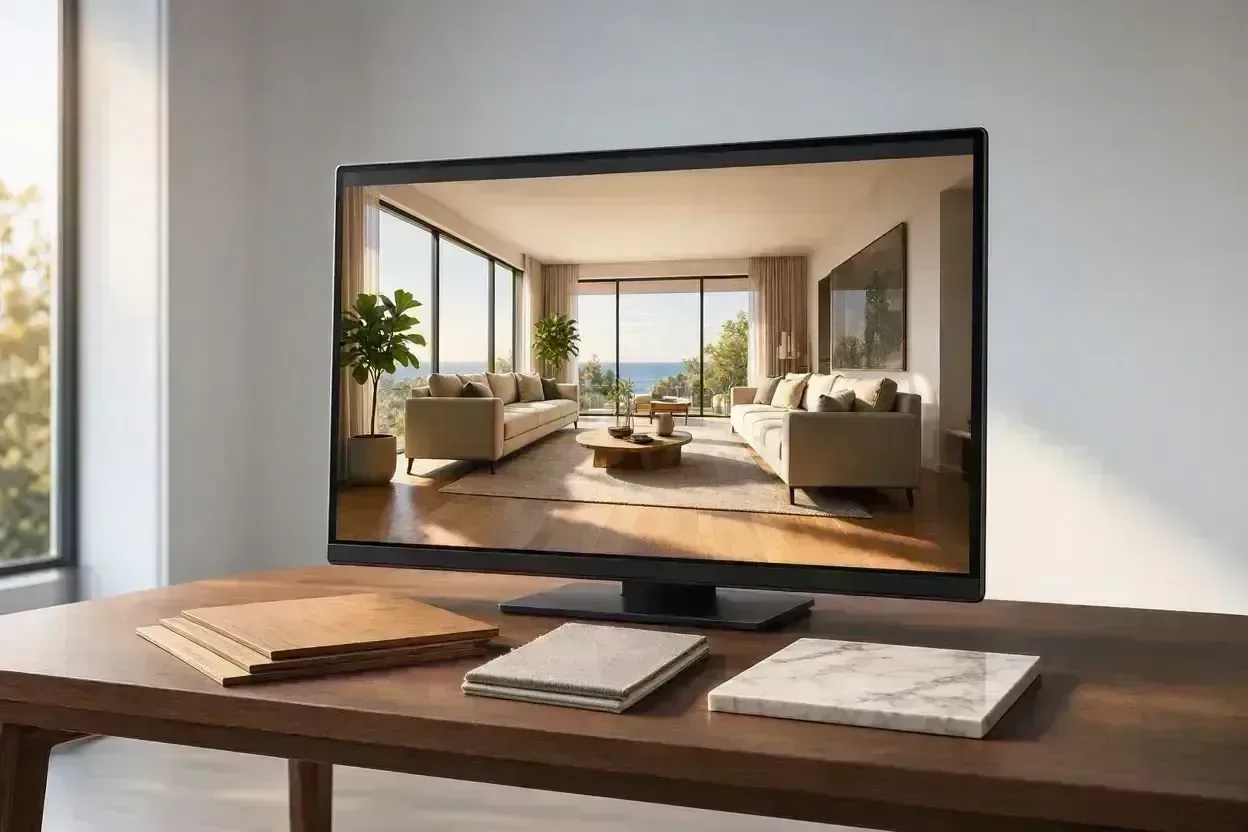 Workstation displaying 3D CAD model and photorealistic interior rendering