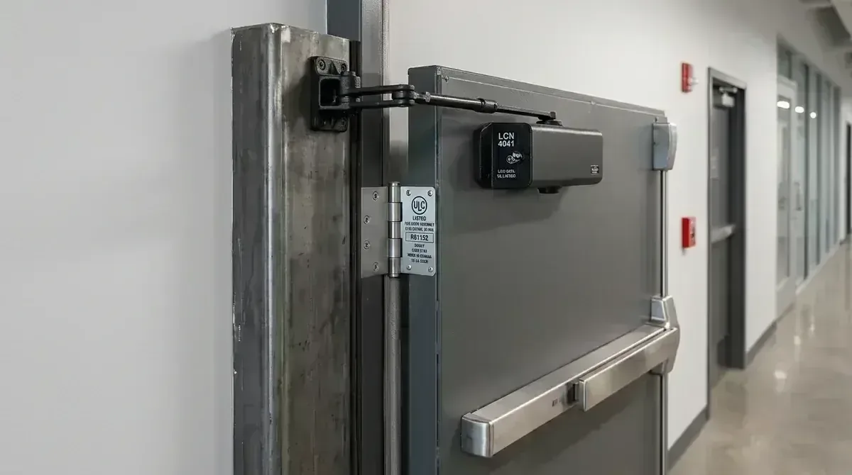 Commercial steel fire exit door closer and panic hardware in tenant improvement space