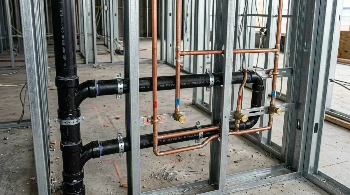 Commercial light-gauge steel stud framing with rough-in plumbing and electrical conduits