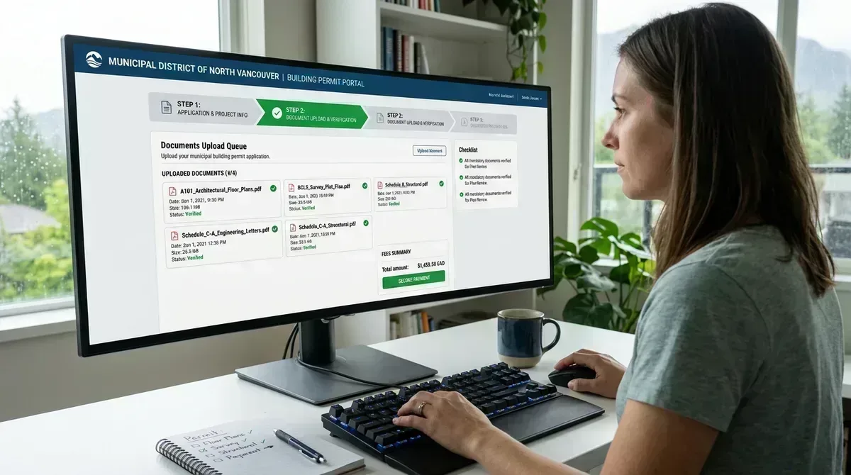 DIY municipal building permit online portal submission dashboard and document upload queue