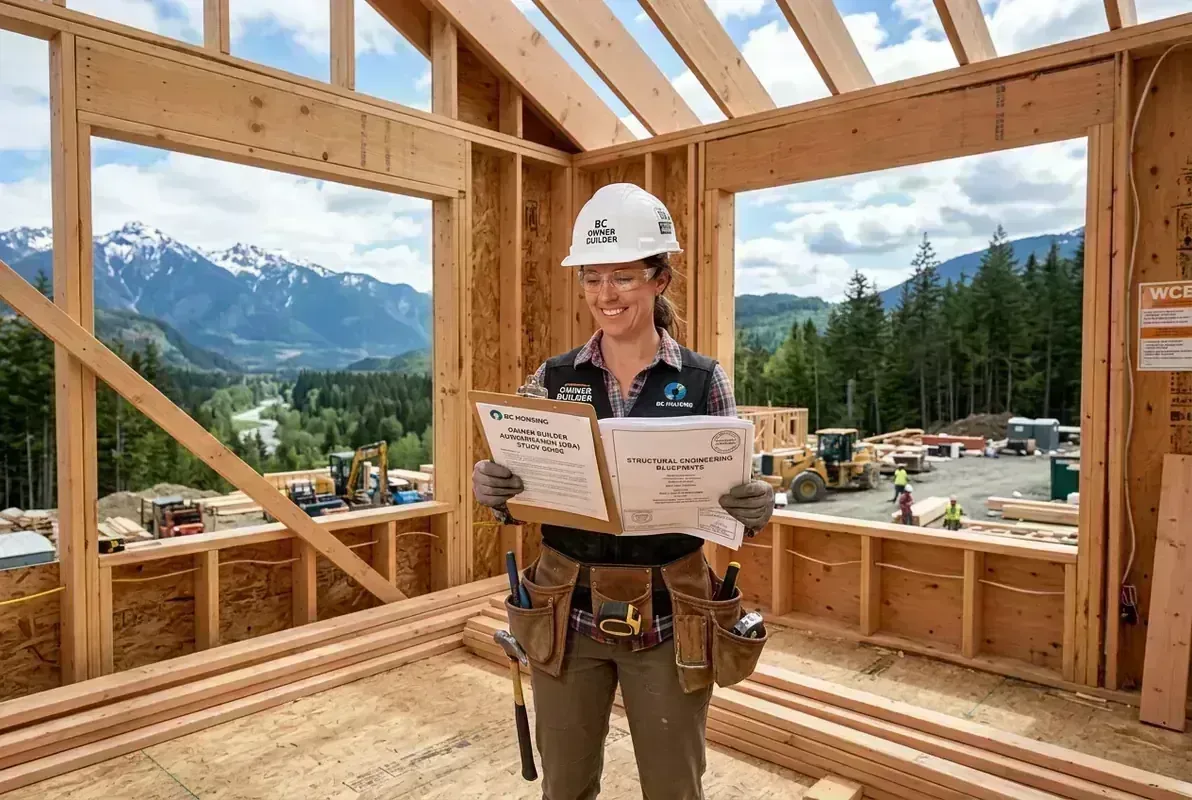 BC owner builder reviewing structural engineering blueprints on custom home framing site