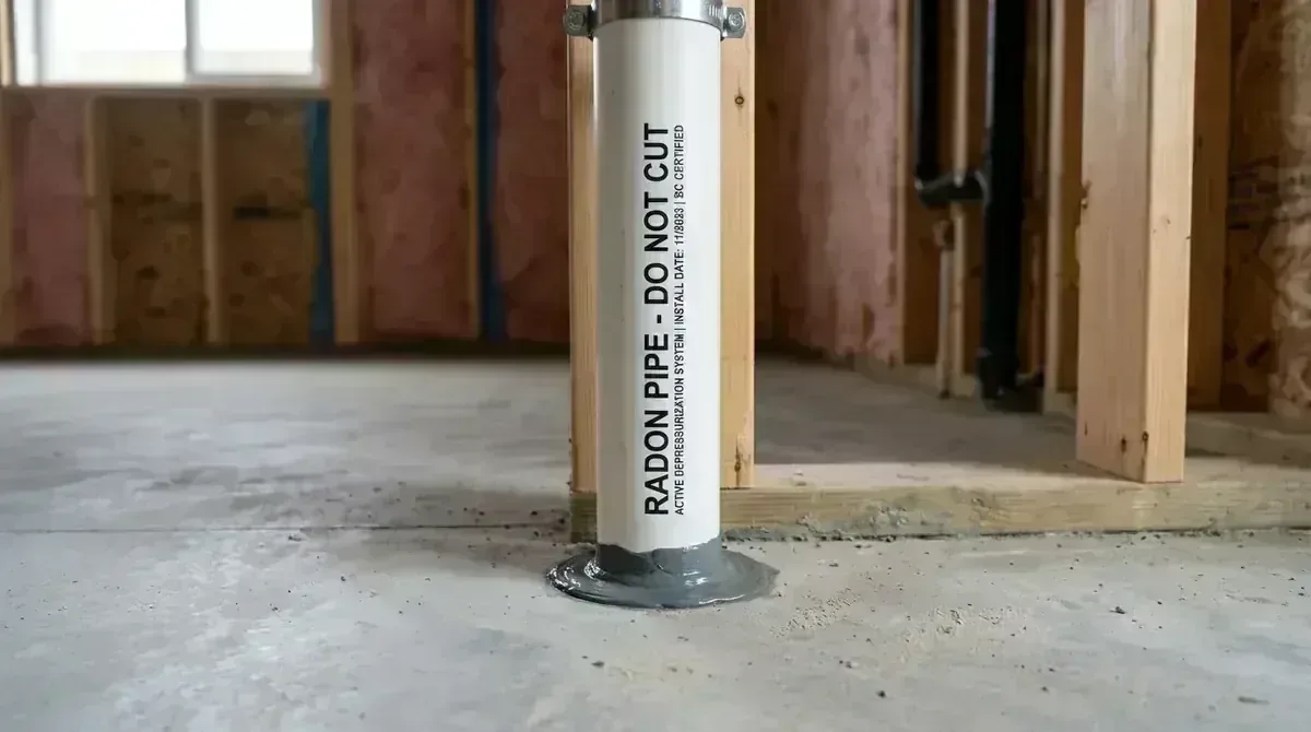 Sub-slab residential foundation with poly vapour barrier and radon mitigation vent pipe