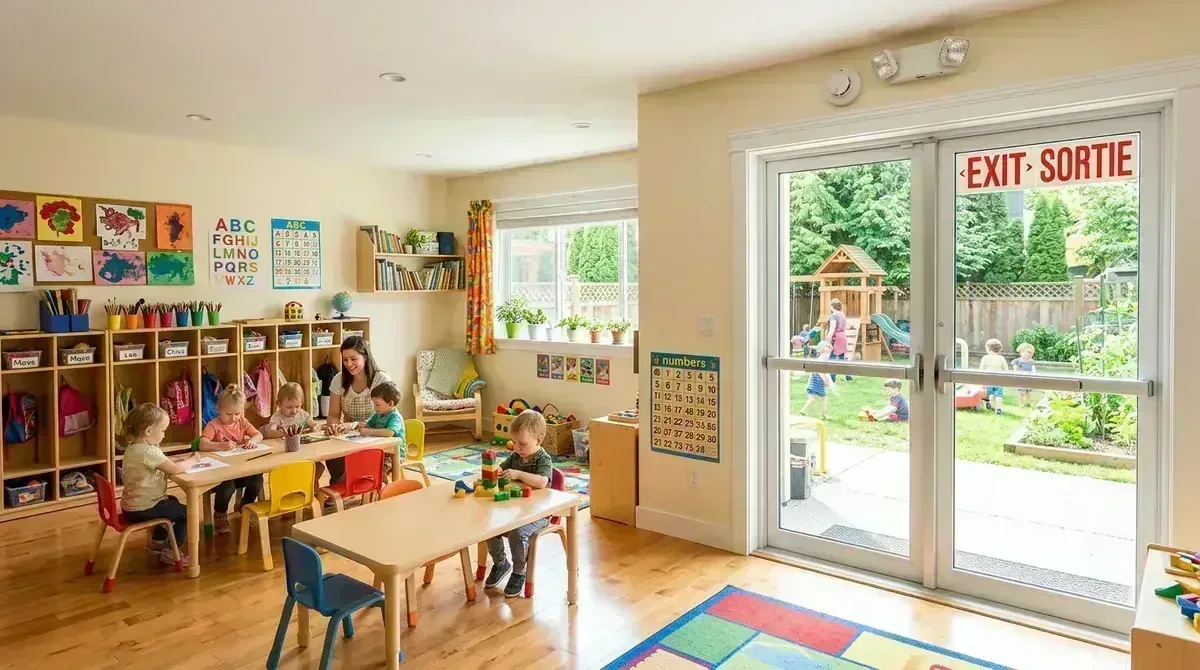 Daycare direct ground-level exit door and emergency lighting