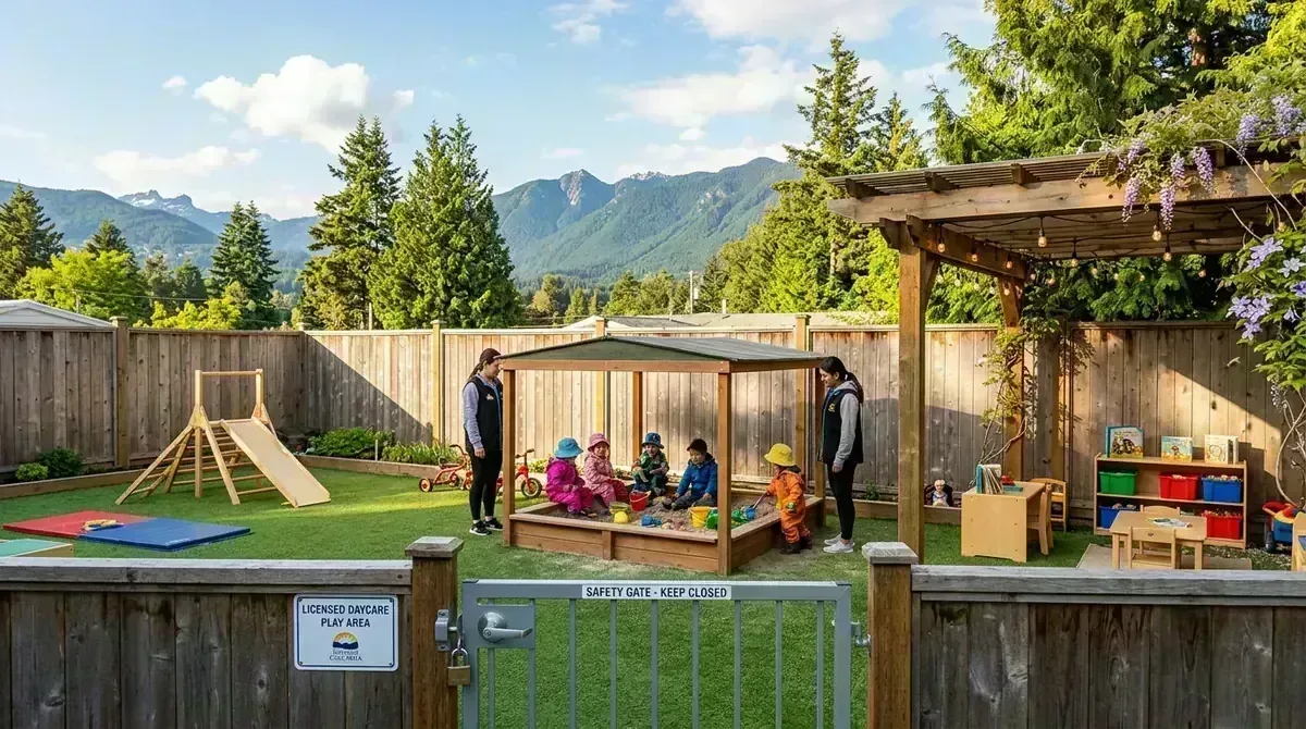 Enclosed outdoor daycare play space and perimeter fencing in BC
