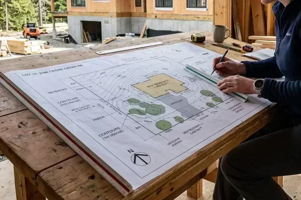 permit house plot plan site plan blueprint on drafting table in BC