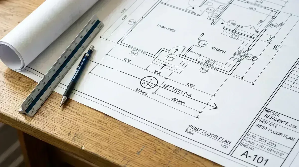Municipal architectural permit blueprint showing title blocks, dimension string lines, and section cut symbols