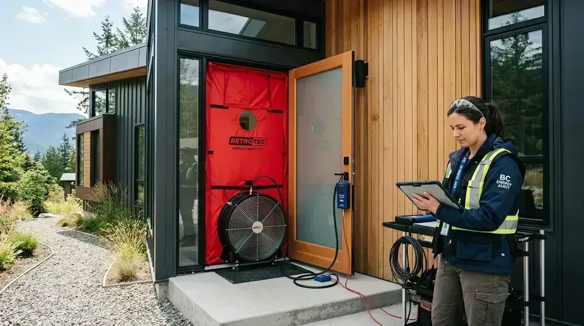 Energy advisor performing blower door airtightness test with red nylon shroud and calibrated fan