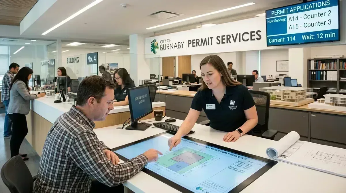 Burnaby City Hall building permit customer counter with digital plans and applicant consultation