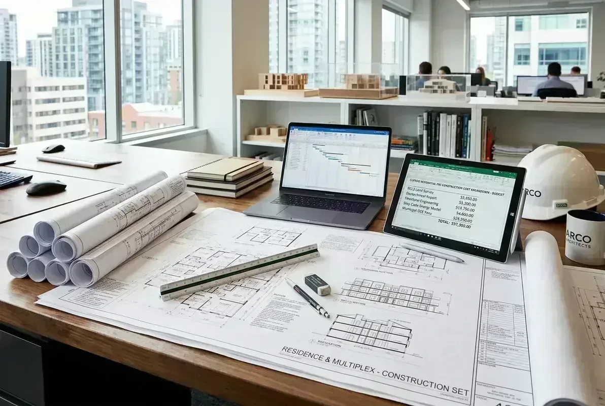 Custom home and multiplex preconstruction cost breakdown and blueprints