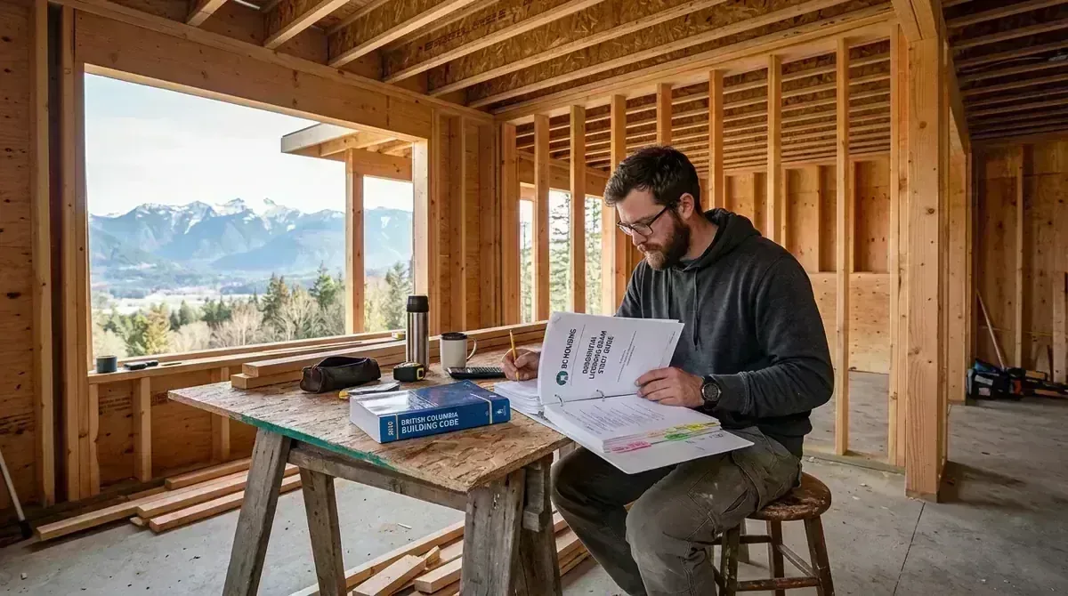 Owner builder studying BC Housing exam materials on residential wood framing jobsite
