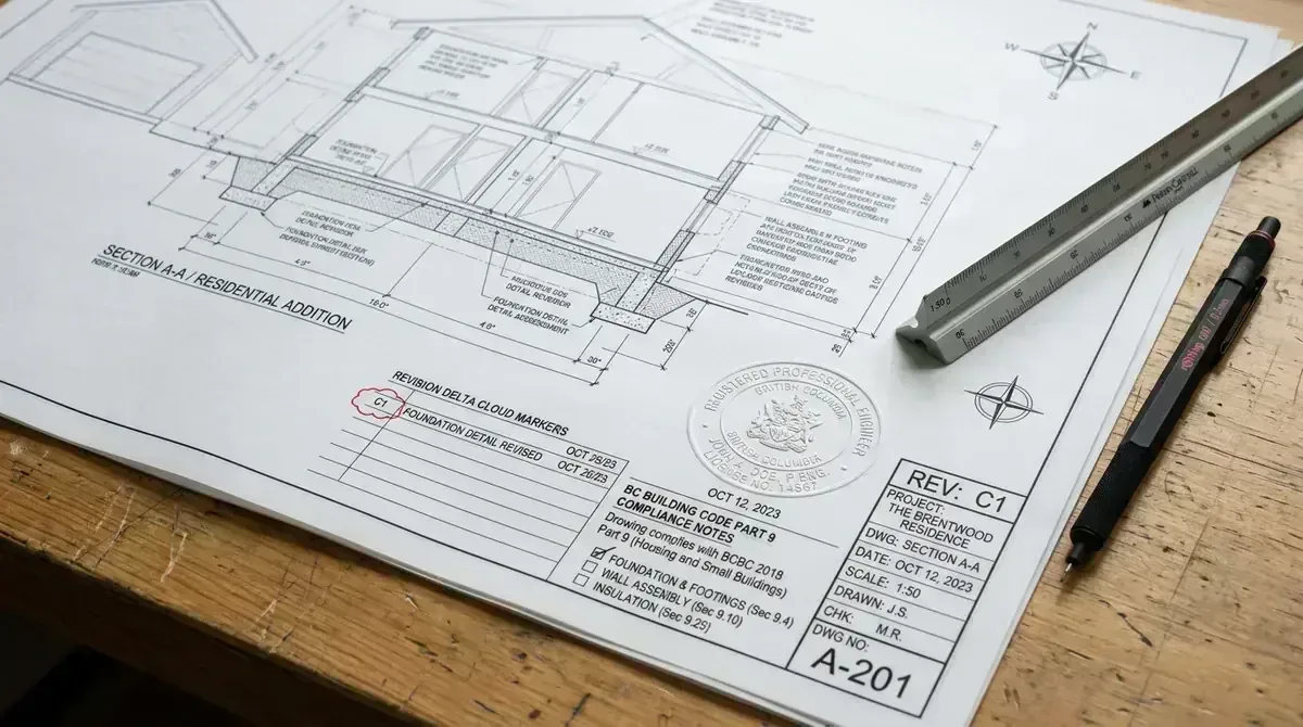 Municipal architectural construction drawing with red ink municipal permit approval stamp and professional engineer seal