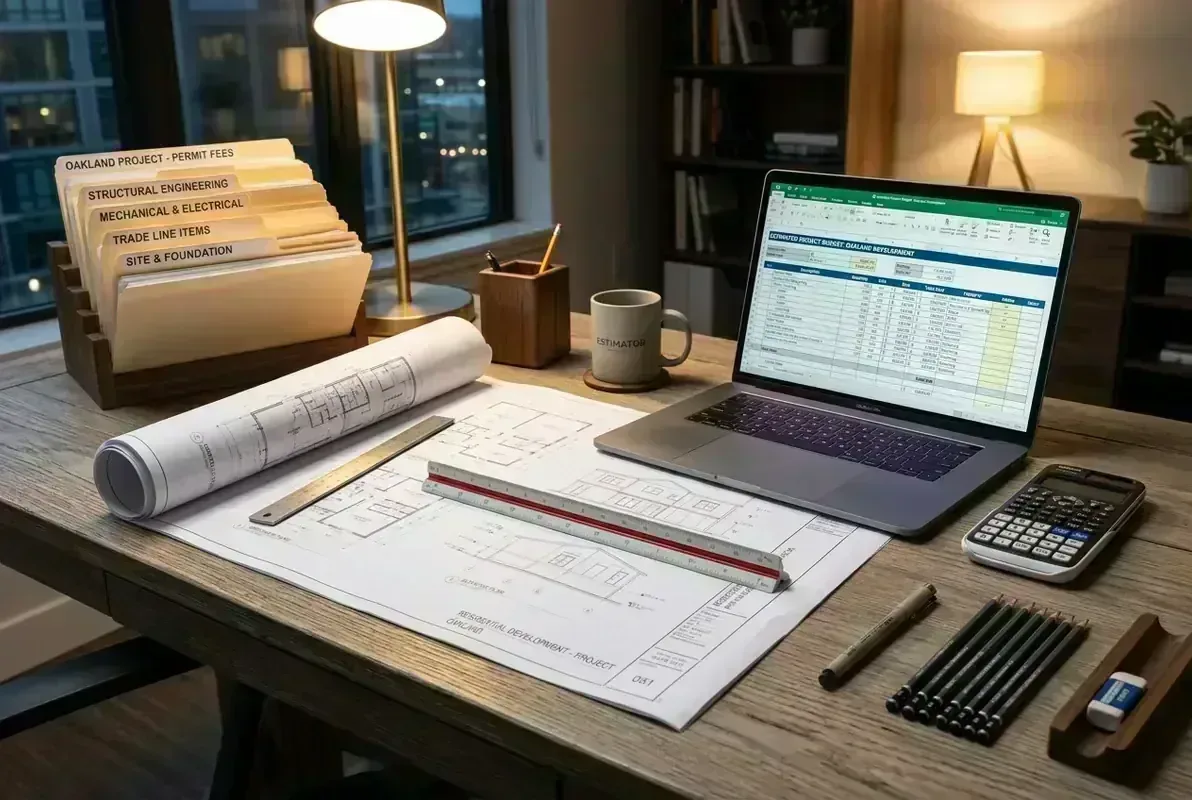 Residential renovation permit drawing estimating desk and budget spreadsheet