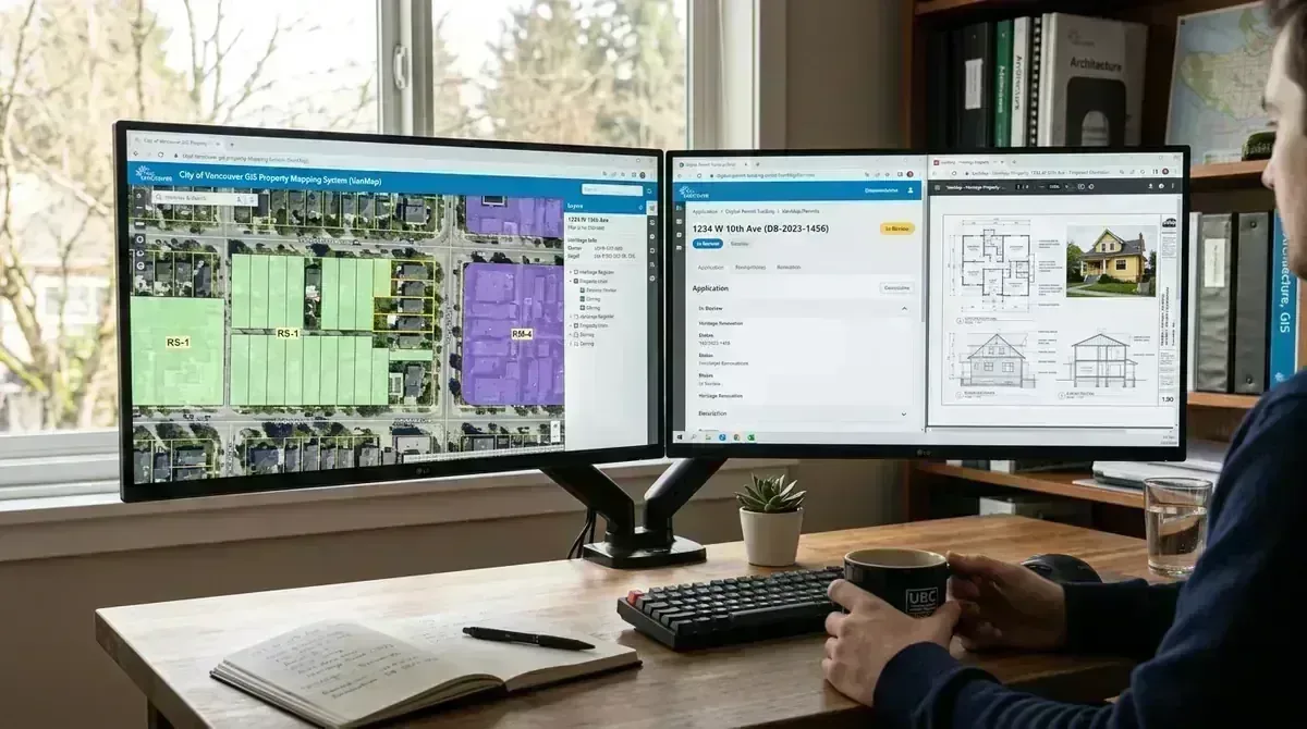 Workstation displaying Vancouver VanMap GIS property parcel boundaries and digital permit portal