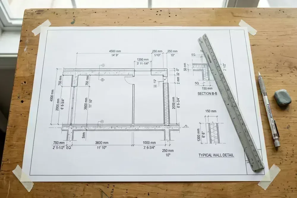 Construction blueprint with dual metric and imperial dimensions