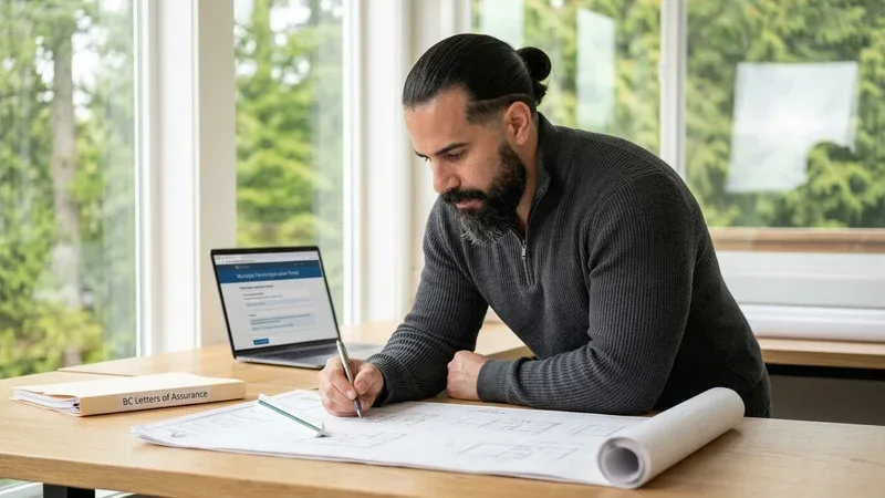 Edward Vega reviewing municipal permit application documents and building permit drawings
