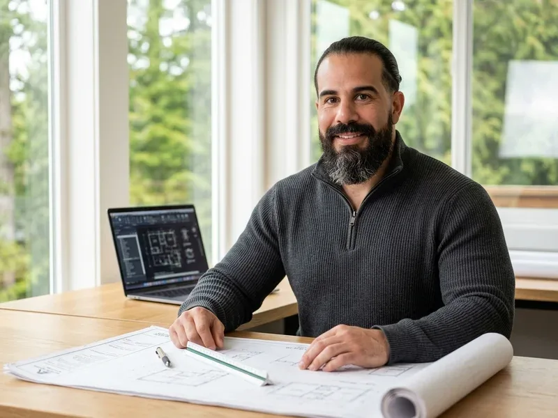 Edward Vega in studio reviewing BC building permit drawings and 3D architectural models